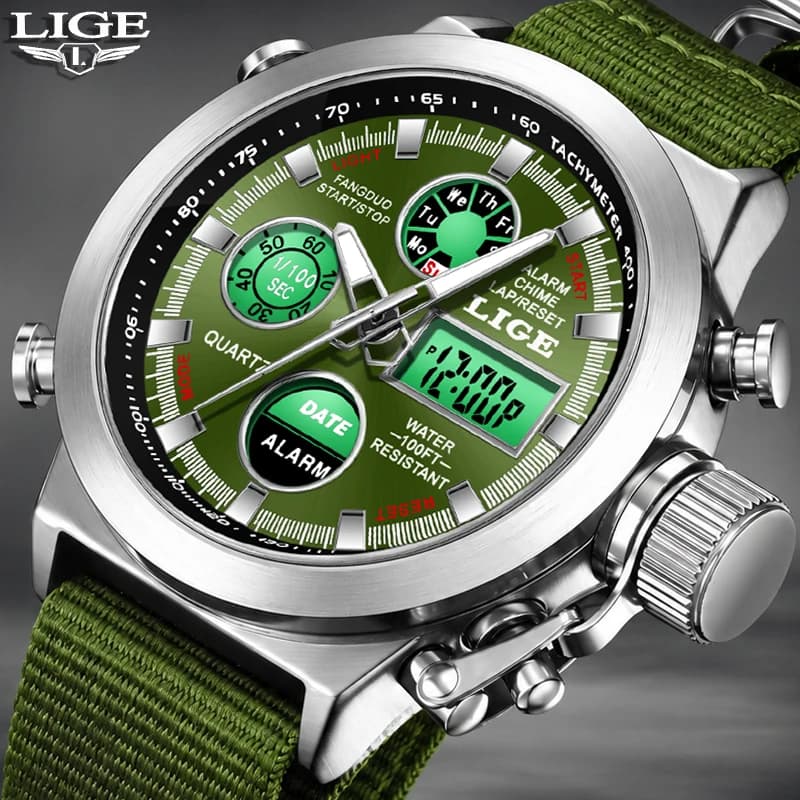 LIGE New Original Brand Luxury Men Watch Army Military Nylon Strap Waterproof Watches for Men LED Alarm Dual Display Chronograph