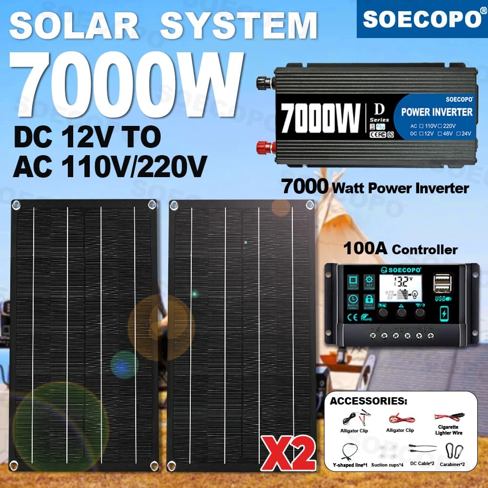 SOECOPO 7000W Sistema Solare Completo: Pannelli Portatili 2×800W, Inverter (DC 12V - AC 110V/220V), Controller 100A – Casa, Campeggio