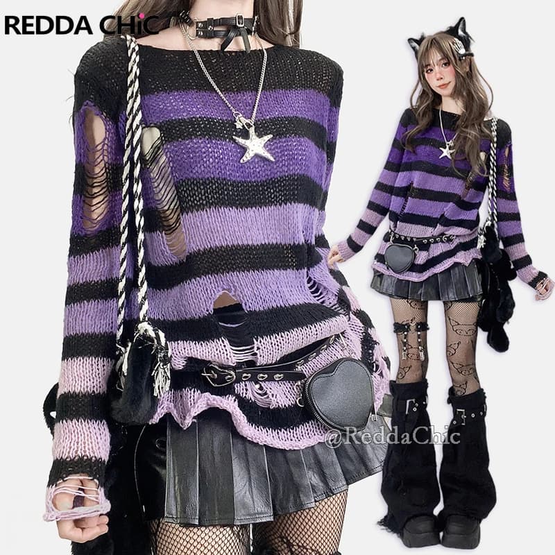 REDDACHiC Maglione strappato a righe sfumate Alt Punk Manica lunga Pullover in maglia strappata extra lunga Top Y2k Retro Autunno Abbigliamento donna