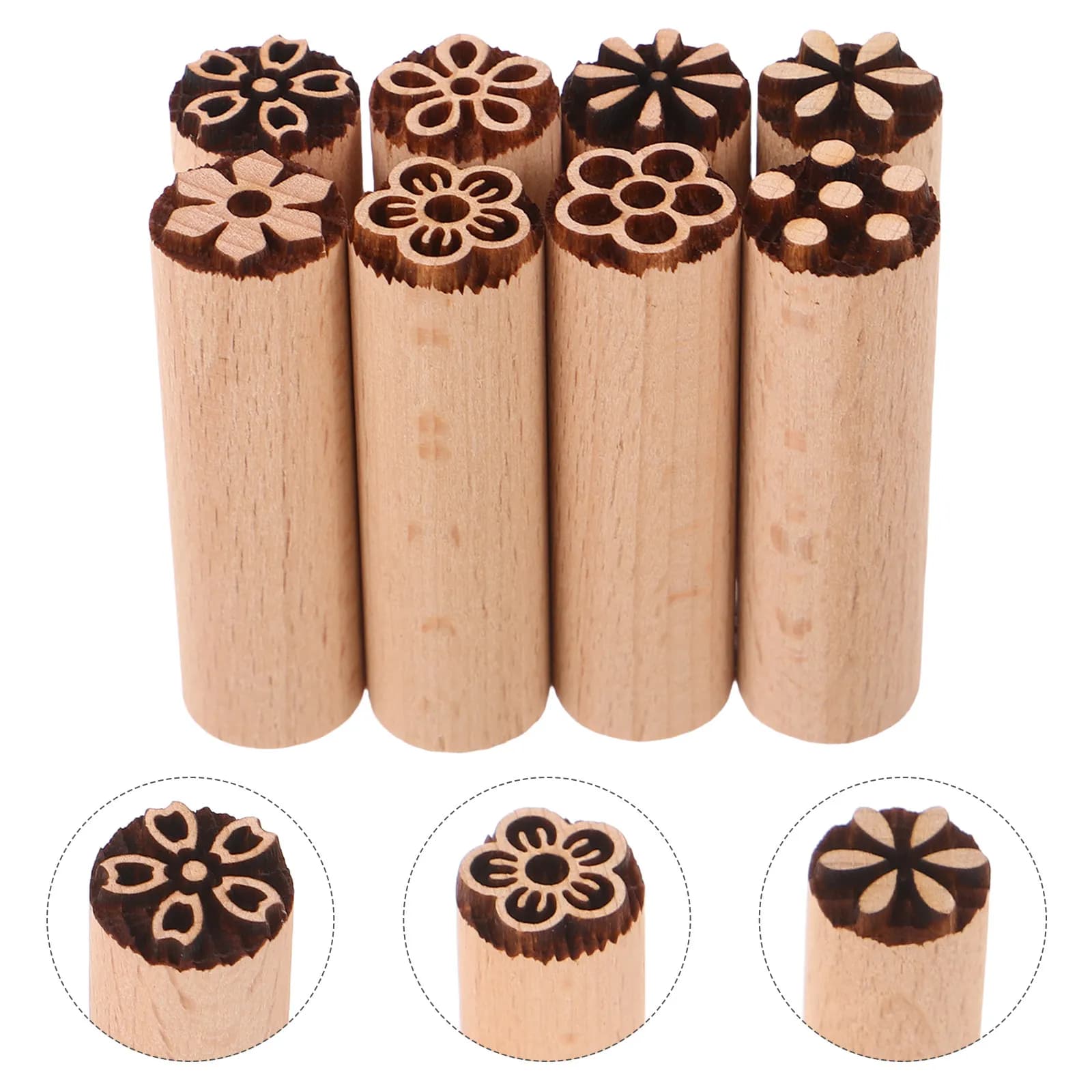 Set di 8 Timbri in Legno con Manico Rotondo e Motivi Floreali per Modellazione Argilla, Stampa su Ceramica, Fai-da-Te, Blocchi per Timbri in Rilievo