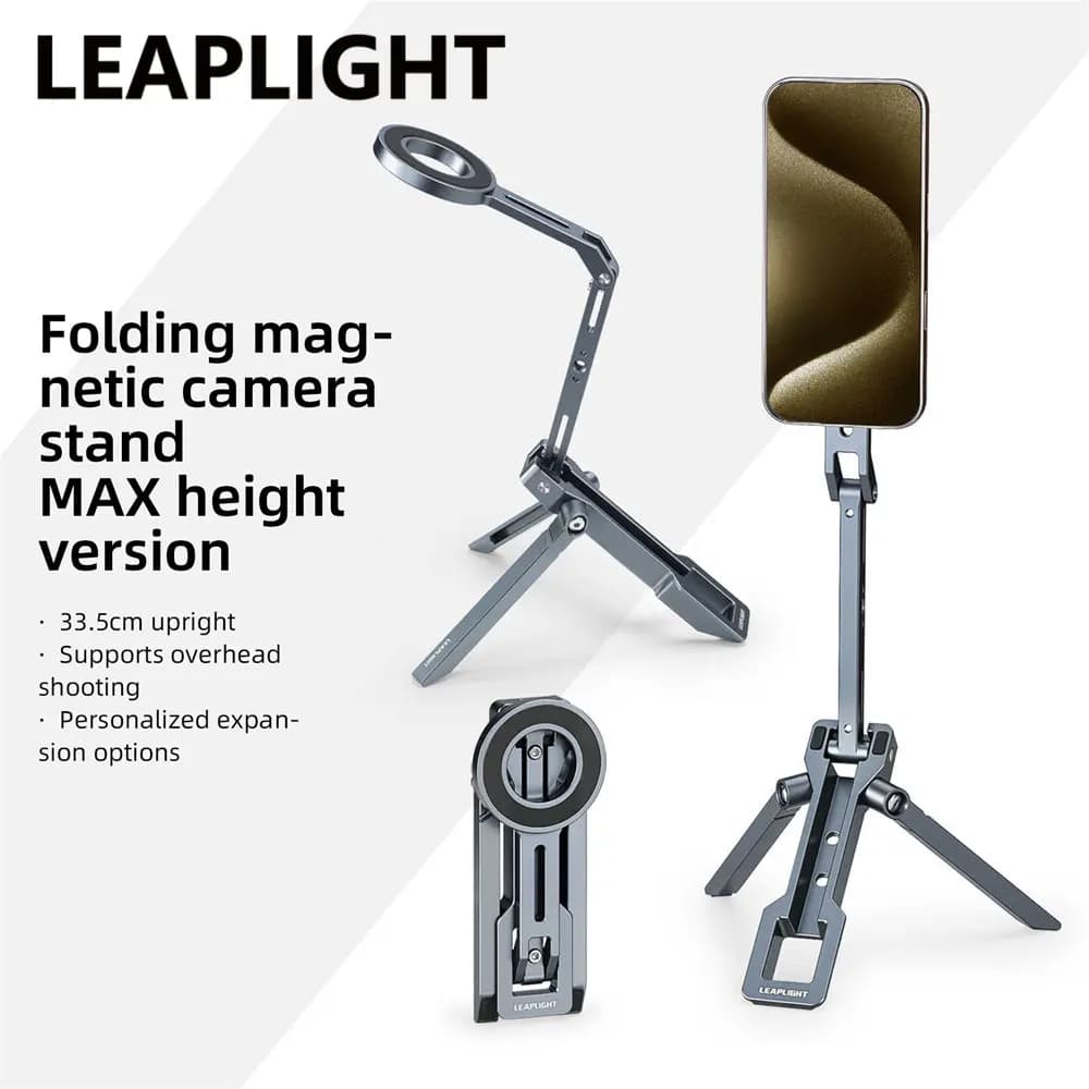 LEAPLIGHT Supporto per treppiede magnetico per telefono a doppio lato Supporto per telefono con supporto per riprese in alluminio 360 per Iphone Ipad Luce di riempimento