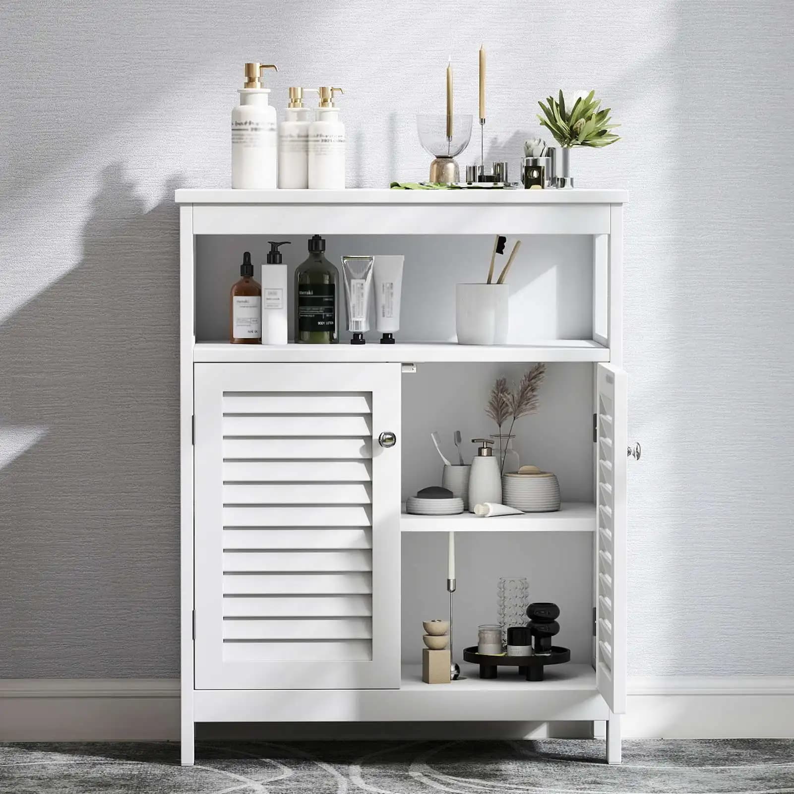 Bathroom Storage Cabinet White Waterproof Wooden Freestanding Cabinet with Removable Shelf Shutter Doors for Home Hotel