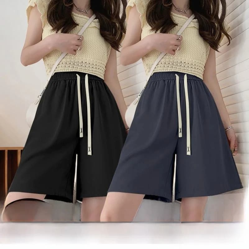 Completo due pezzi da donna in seta ghiaccio, pantaloncini sportivi casual a vita alta, modello ampio a trapezio, sottili estivi, stile casual-elegante per il commuting
