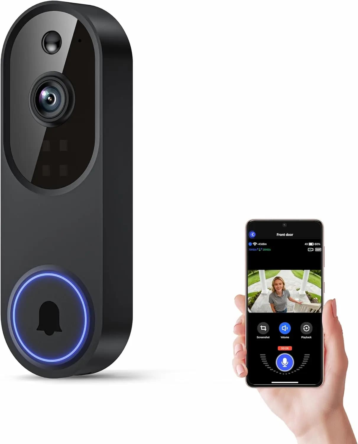 Campanello Video Wireless Wi-Fi con Audio Bidirezionale, Rilevamento Movimento AI, Visione Notturna, Archiviazione Cloud, Wi-Fi 2.4G (Nero)