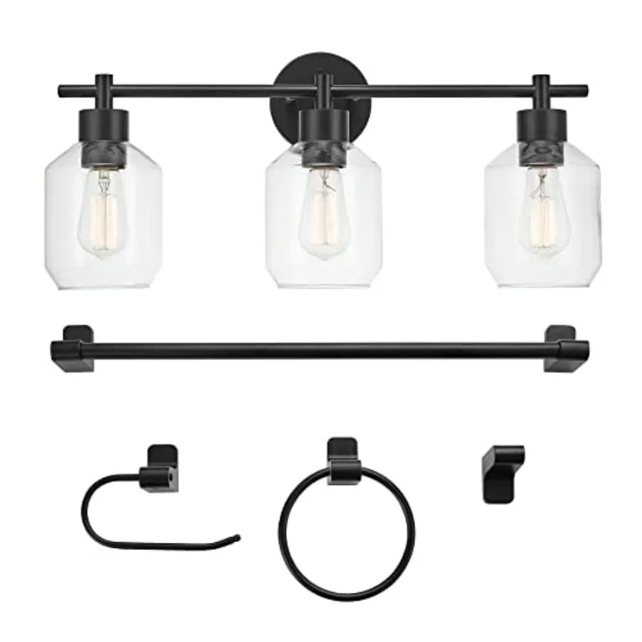 Set Bagno Moderno 5 Pezzi con Finitura Nero Opaco, Paralumi in Vetro Trasparente, Anello Porta Asciugamani, Porta Carta Igienica, Gancio per Accappatoio e Porta Asciugamani