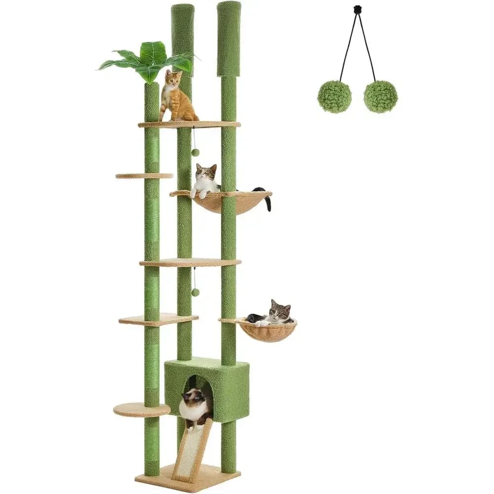 Adjustable Tall Cat Tree Tower with Condo, Hammock, and Scratching Post for Large Cats, Green, 230-252cm
