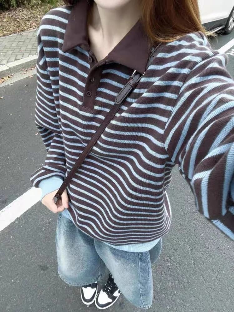 2000s Korean Fashion Loose Autumn Sweaters Y2k Subculture Casual Striped Pullovers Jumpers Chic American Streetwear Hoodies