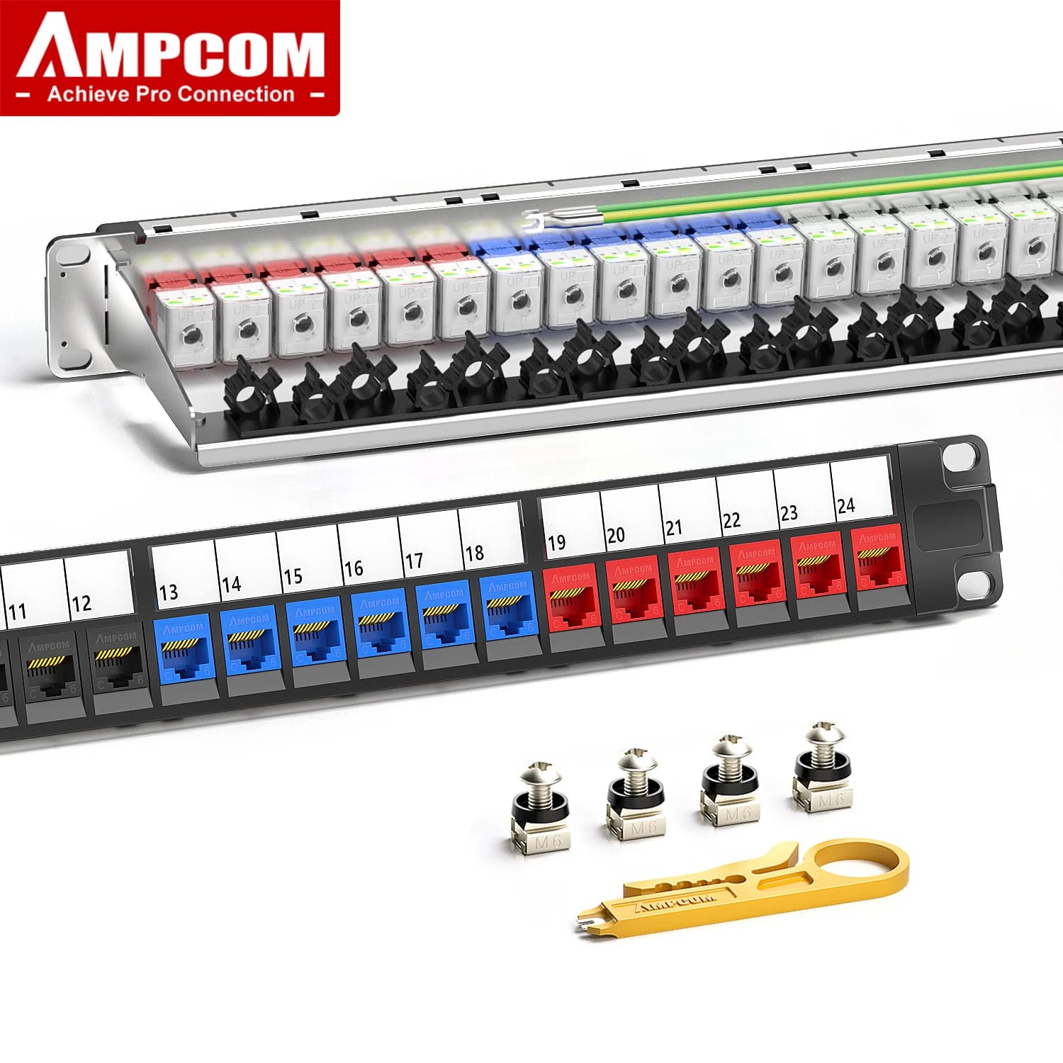 AMPCOM Patch Panel Keystone 1U a 24 porte, montabile su rack UTP/STP con barra di gestione cavi posteriore, Jack Keystone UTP CAT6/6A senza attrezzi