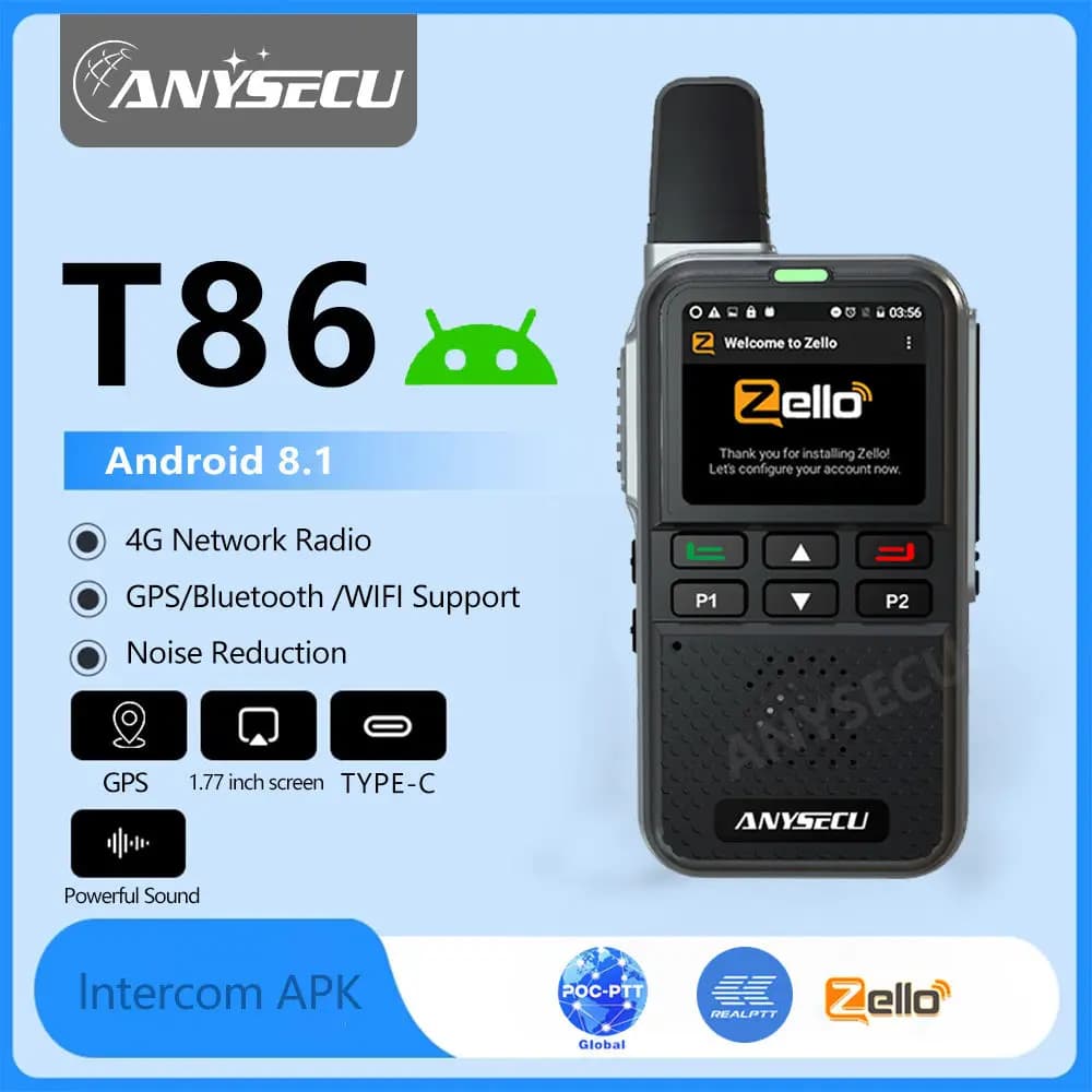 Anysecu T86 4G Radio di rete Android 8.1 WIFI GPS LTE/WCDMA POC Walkie Talkie Funziona con Zello o REAL-PTT o Xin Global