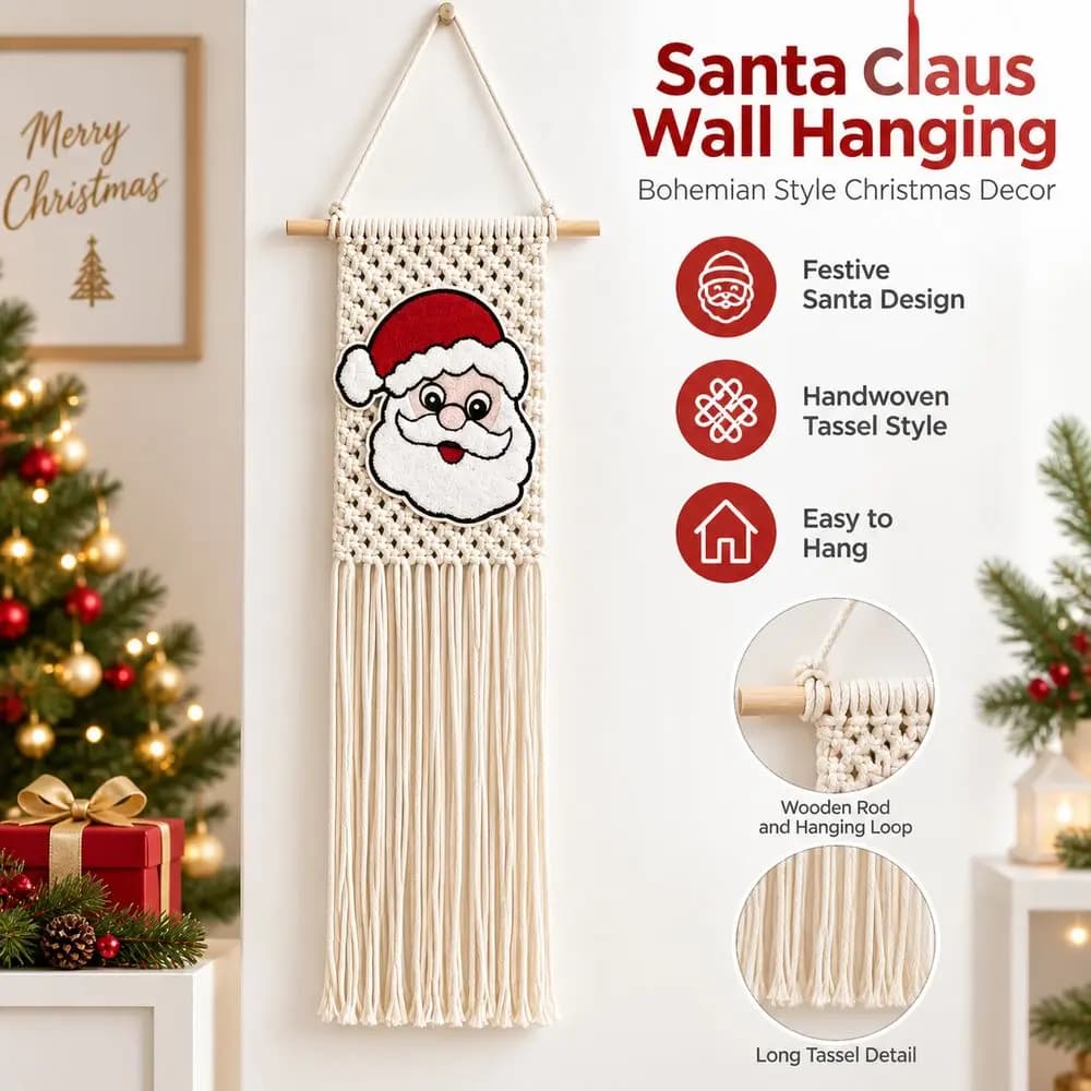 Woven Santa Claus Wall Hanging 25x60cm Bohemian Style Christmas Wall Tapestry Wooden Rod Santa Claus Pattern