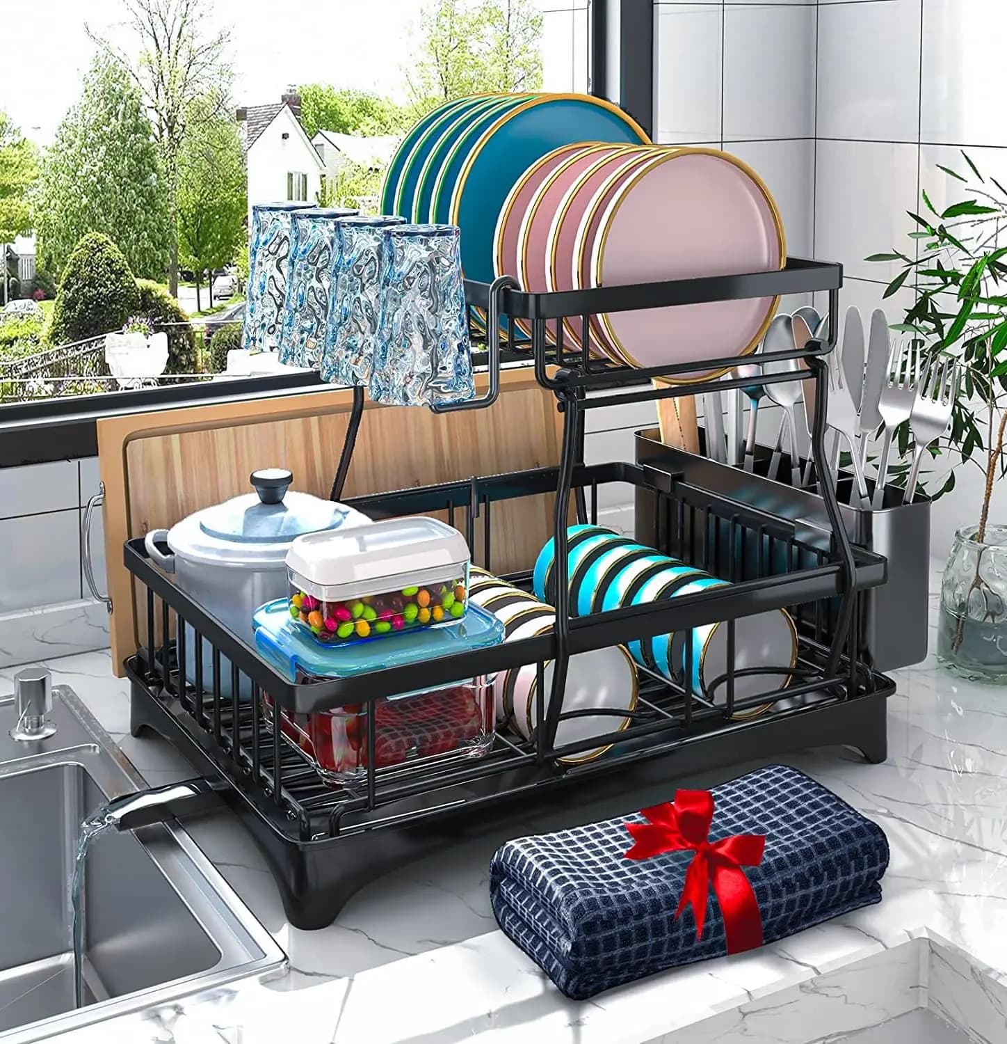 Dish Drying Rack, 2-Tier Rack with Auto-Drain & Mat, Racks for Kitchen Counter, Drainer with Knife, Fork