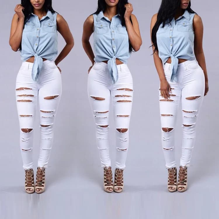 Stylish Ripped Denim Pants High Waist Slim Fit Women's Jeans Streetwear Trousers Spring 2023 Fashion Deep Blue High Elasticity