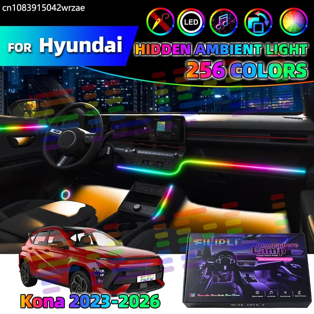Luci Ambientali per Hyundai Kona 2023 2024 2025 2026, Lampade LED in Acrilico, Illuminazione Interna Colorata Controllabile tramite App