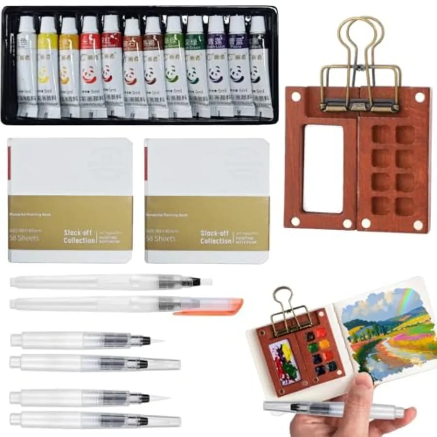 Pocket Artist Watercolor Travel Set, with 1 Walnut Wood Portable Palette 8 Grids,12 Vibrant Paints, 2 Sketch Books, 6 Brush Pen