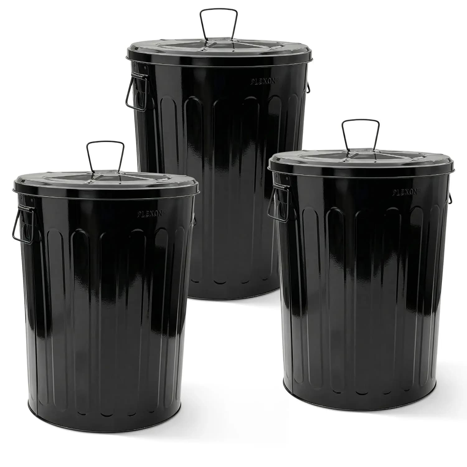 20 Gallon Metal Trash Can With Lid Outdoor Large Trash Bin Steel Garbage Can Heavy Duty Round Storage Container Bucket For Garage Patio Farmhouse Bird Seed, Black 3 Pack