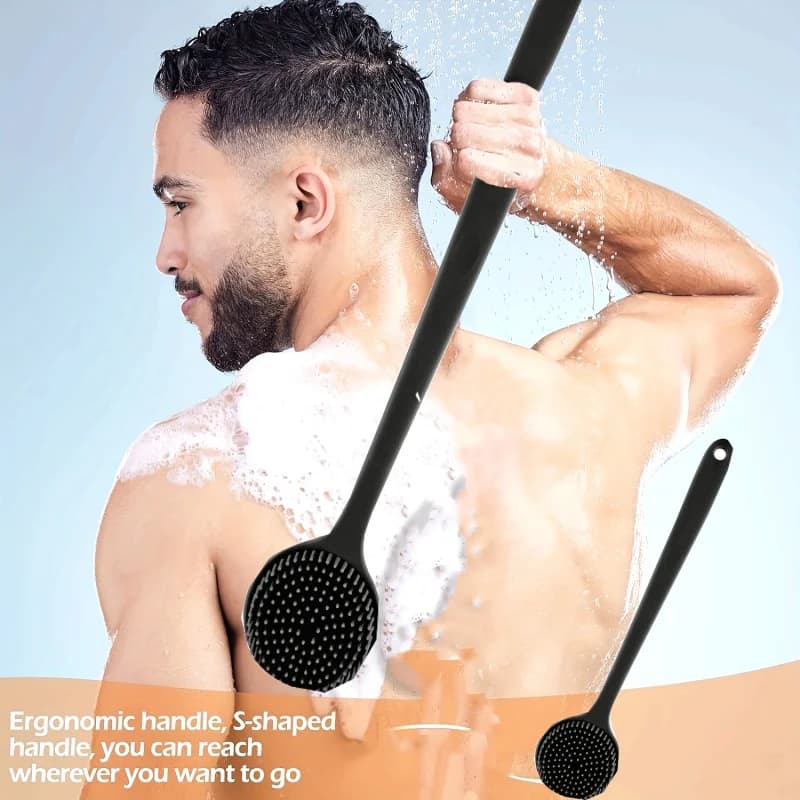Spazzola da bagno in silicone con manico lungo con setole morbide - Scrubber ergonomico per la schiena per esfoliare e massaggiare, delicata su tutta la luce