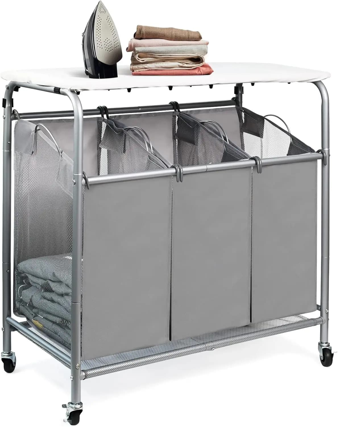 Shopping cart with 3 parts, Robusto Carrello Portabiancheria con Ruote e Asse da Stiro (Grigio)