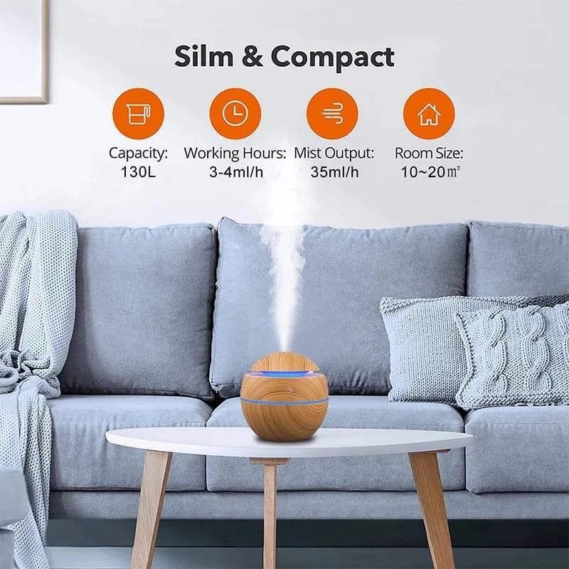 Diffusore di oli essenziali con venature del legno - Umidificatore ad ultrasuoni da 500 ml con LED a 7 colori, spegnimento automatico, perfetto per camera da letto/ufficio/yoga