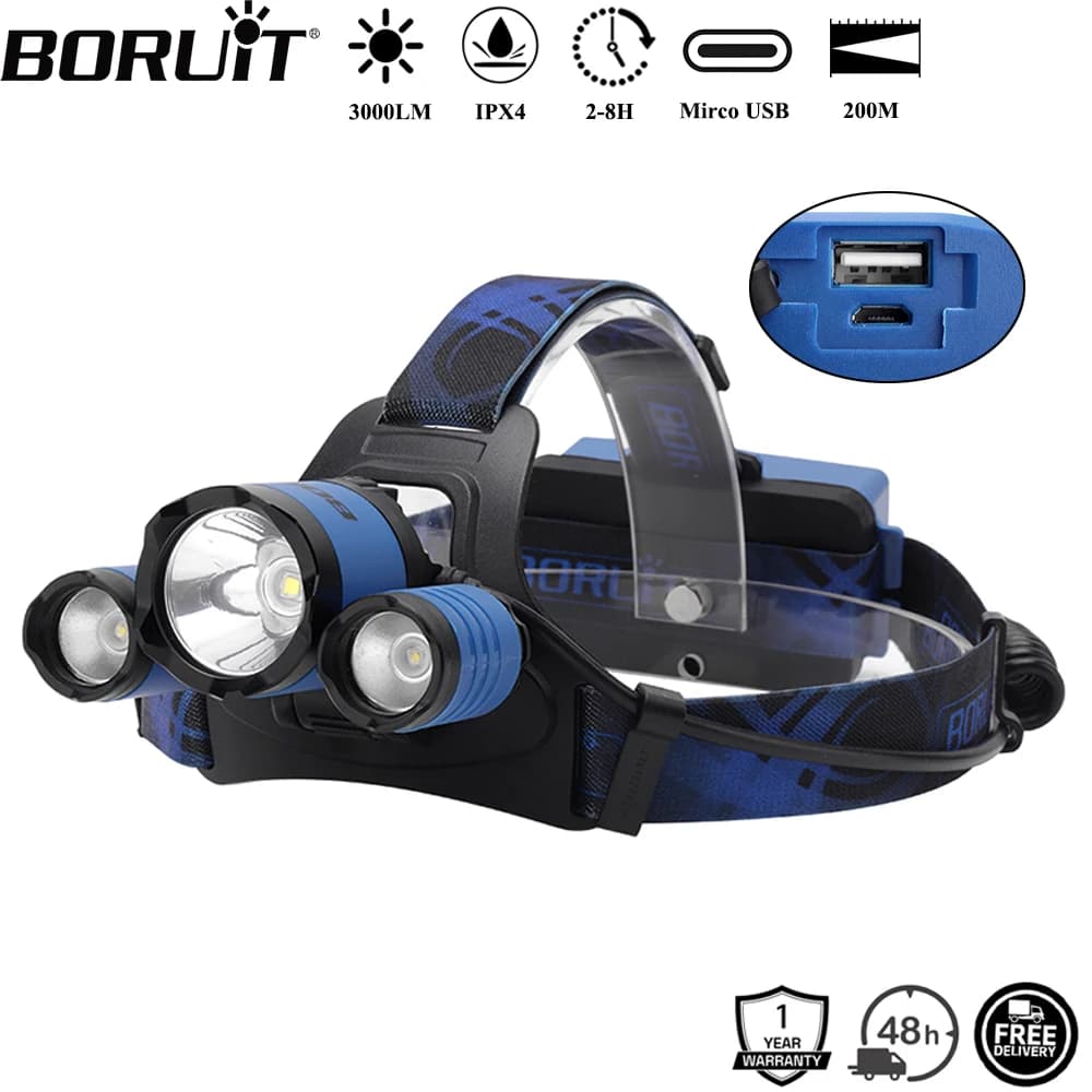 BORUiT B21 3000LM Lampada frontale a LED 4 modalità Mirco USB ricaricabile Power Bank Faro da campeggio esterno impermeabile Torcia frontale