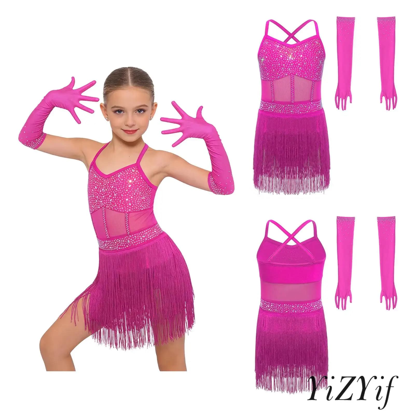 Girls Latin Dance Performance Leotard with Gloves Set Sleeveless Cross Back Mesh Bodysuit Dress for Tango Salsa Dance Outfit