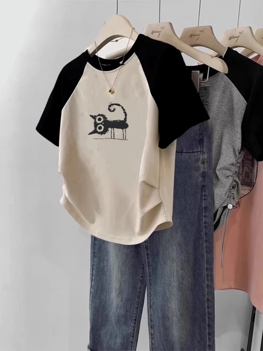 T-shirt Piccola a Maniche Corte da Donna, Nuovo Design Estivo, con Inserto sulle Spalle, Stile Americano, in Misto Cotone, Girocollo, Lunghezza Corta
