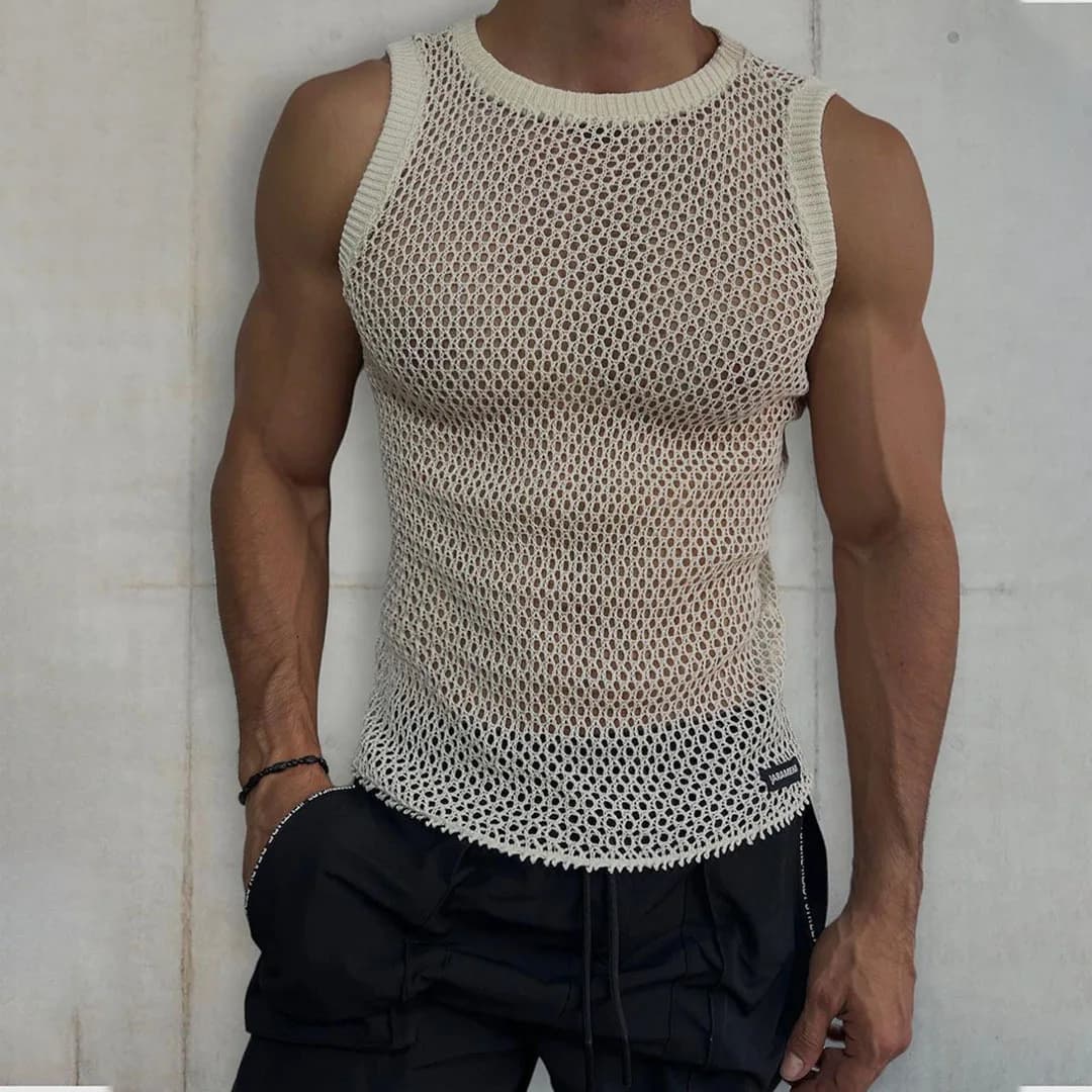 T-shirt casual da uomo in maglia trasparente tinta unita senza maniche