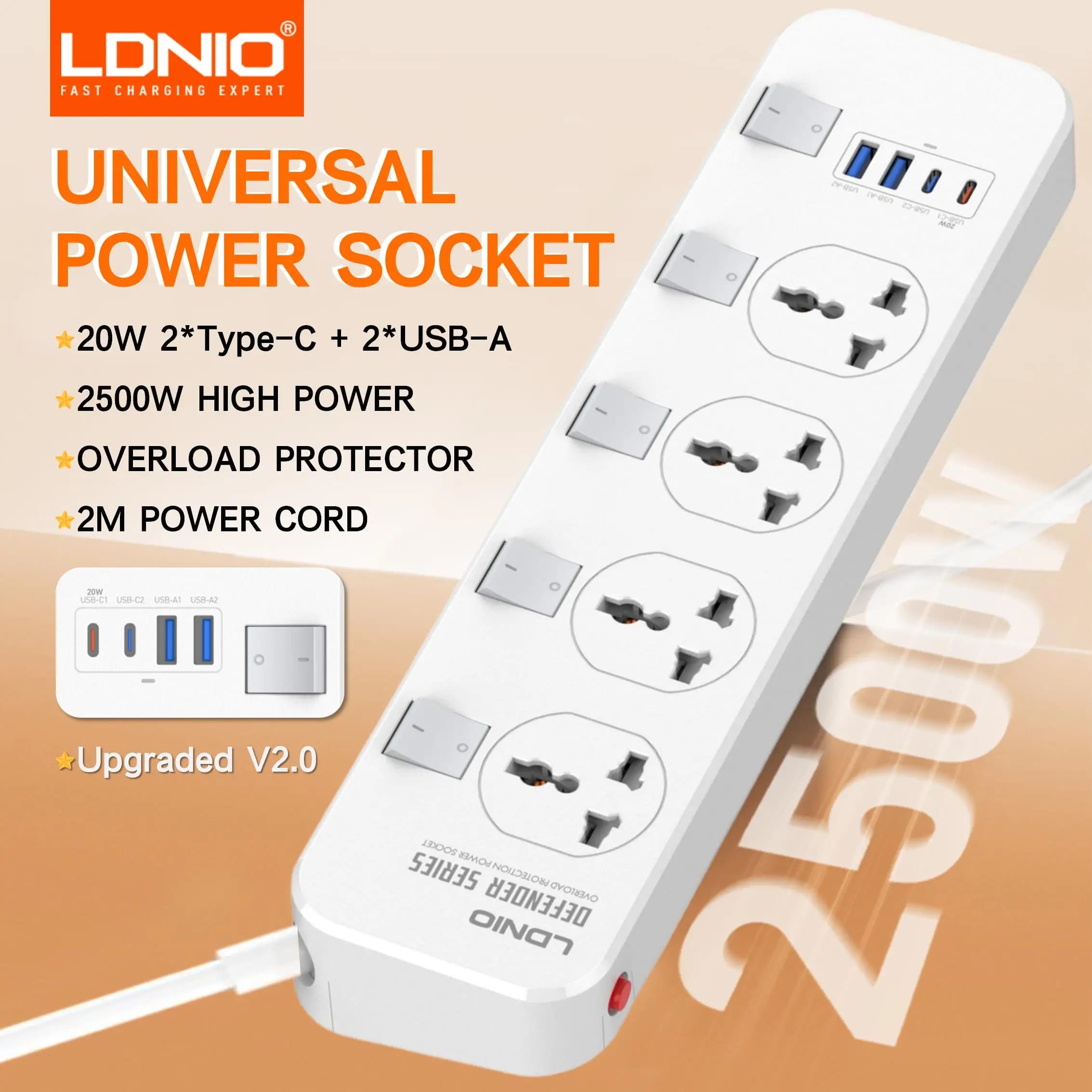 V2.0 Ciabatta 6.5Ft/2M Extension cable Overvoltage protection with 4 sockets CA 2 USB C 2 USB charging ports A Switch UK US EU