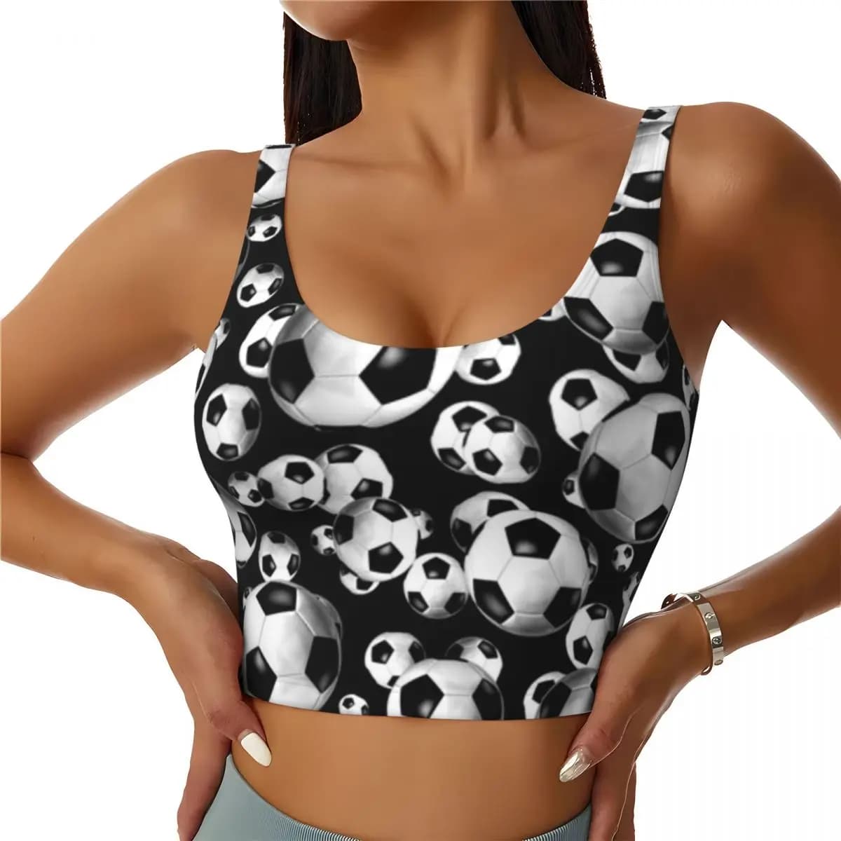 Women Yoga Tank Top 3D Look Soccer Balls Pattern Tennis Training High Neck Workout Top