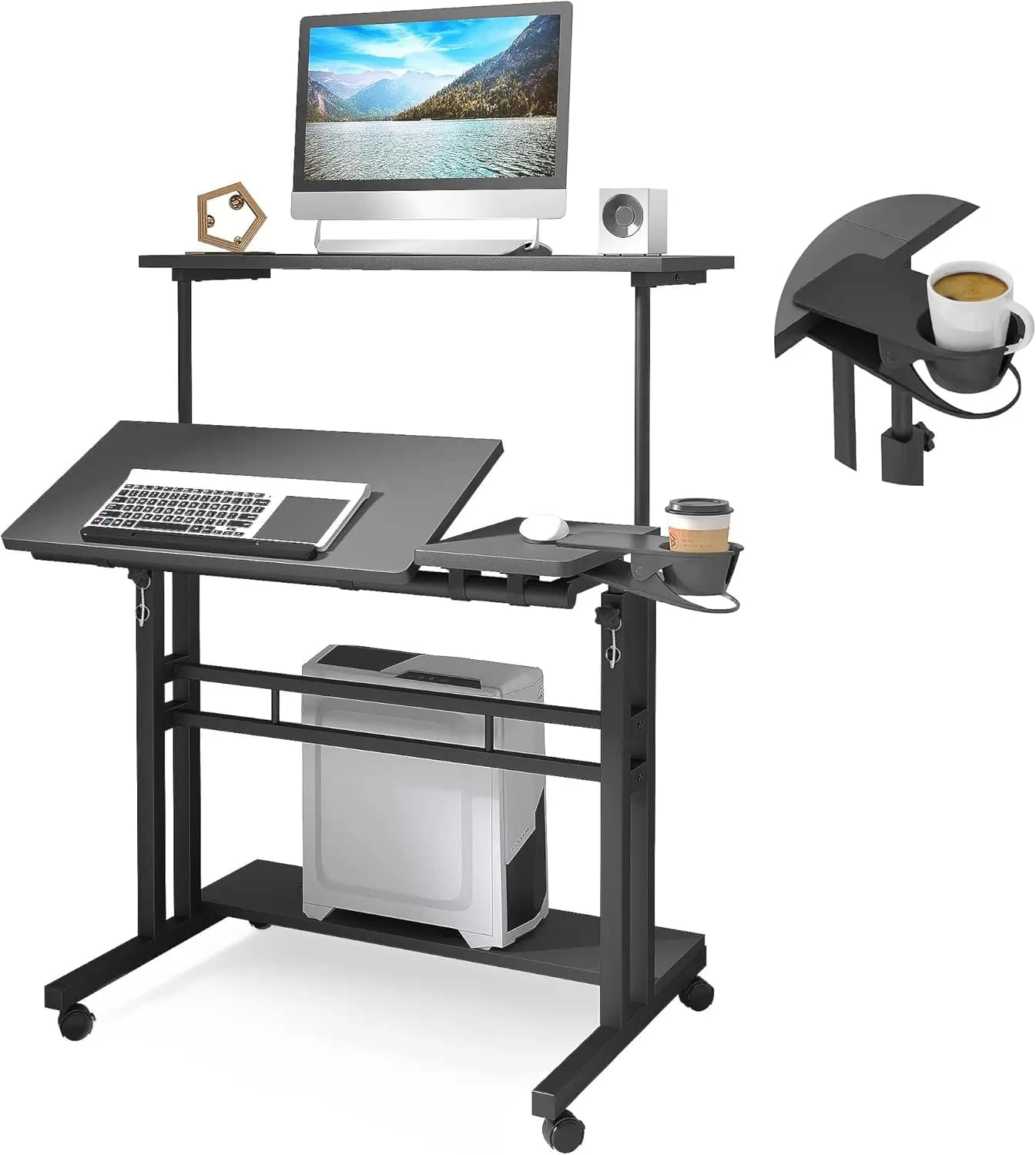 Scrivania Regolabile con Ruote, Tavolo Mobile per Laptop a 3 Livelli con Portabicchieri, Ruote Bloccabili, Nero