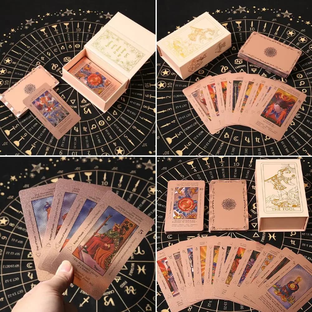 Set completo di carte dei Tarocchi in oro rosa, 78 carte, mazzo di tarocchi durevole e impermeabile in PET per principianti, confezione regalo, collezione di strumenti per la divinazione