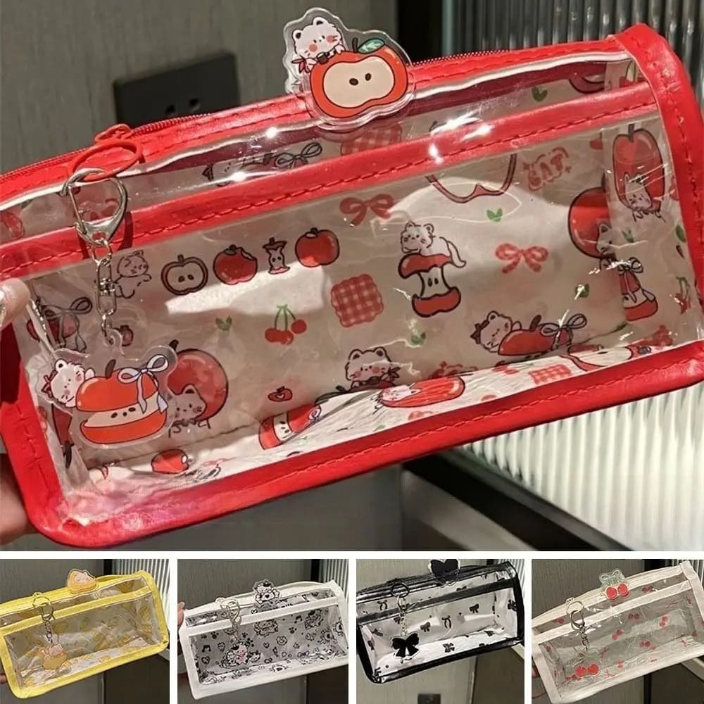 Astuccio per matite con fiocco di gatto simpatico cartone animato Astuccio trasparente per penne di grande capacità Organizzatore di cancelleria per studenti Materiale scolastico