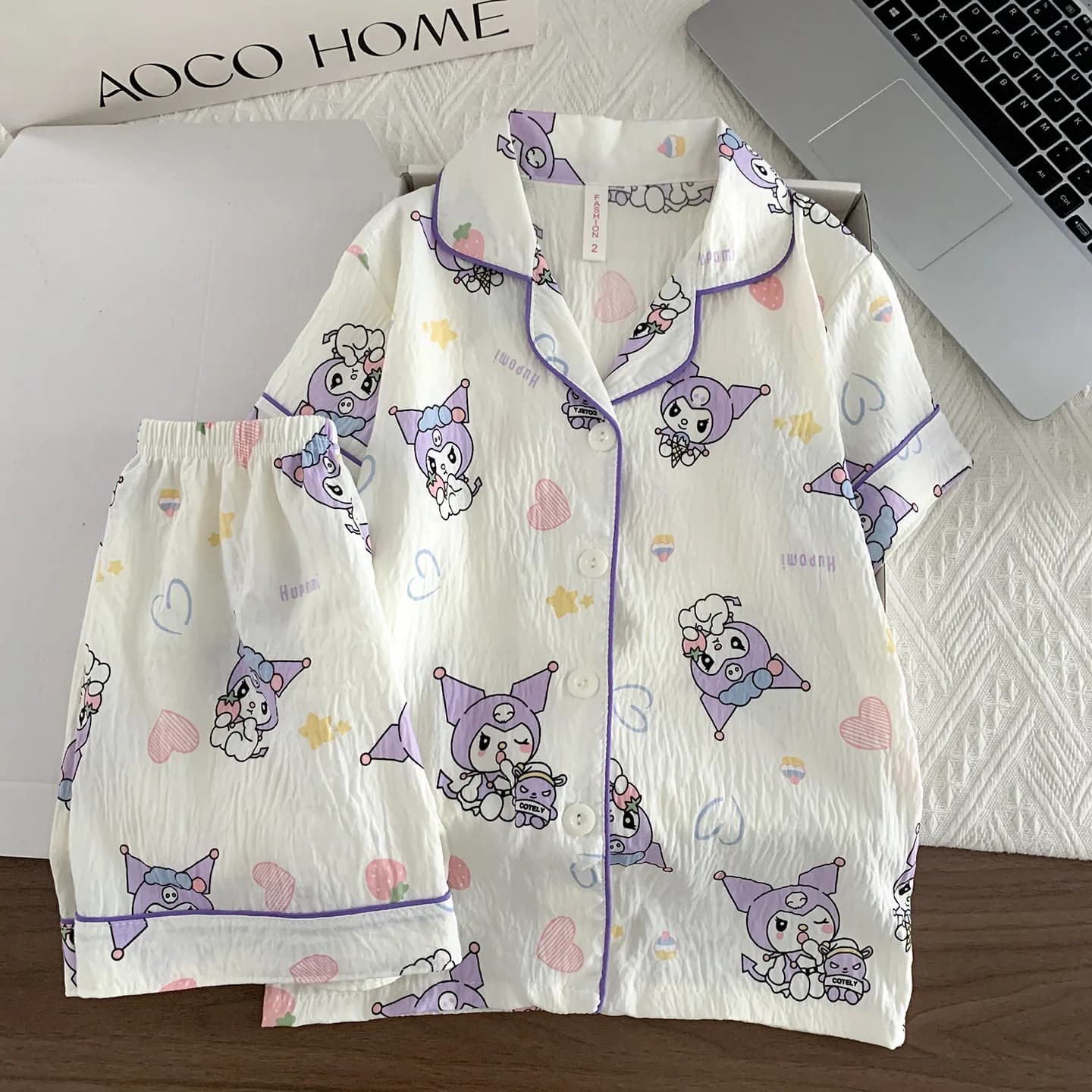 Pigiama estivo per bambina Kuromi, set Hello Kitty Sanrio, stampa leopardata, maniche corte, pantaloncini, 2 pezzi, abbigliamento da casa per studentesse.