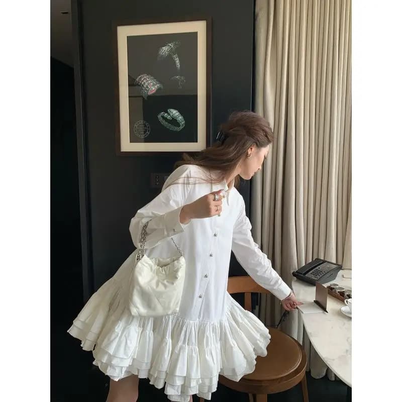 Abito camicia tinta unita donna francese elegante manica lunga patchwork soffici volant una linea principessa abiti corti vestido da festa