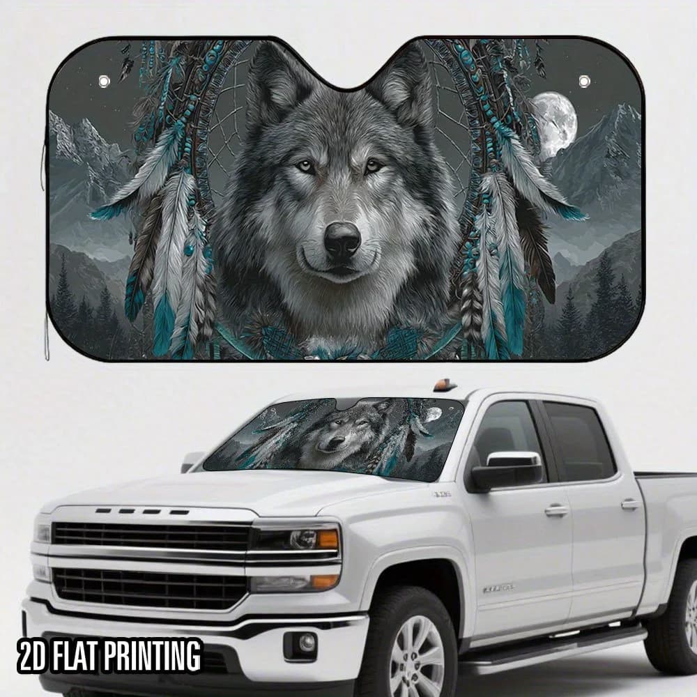 1pc 2D Flat Wolf & Dreamcatcher Art Print Car Sunshade – Keeps Your Vehicle Cool, Stylish Sun Visor For Front Window, Fit, Inclu