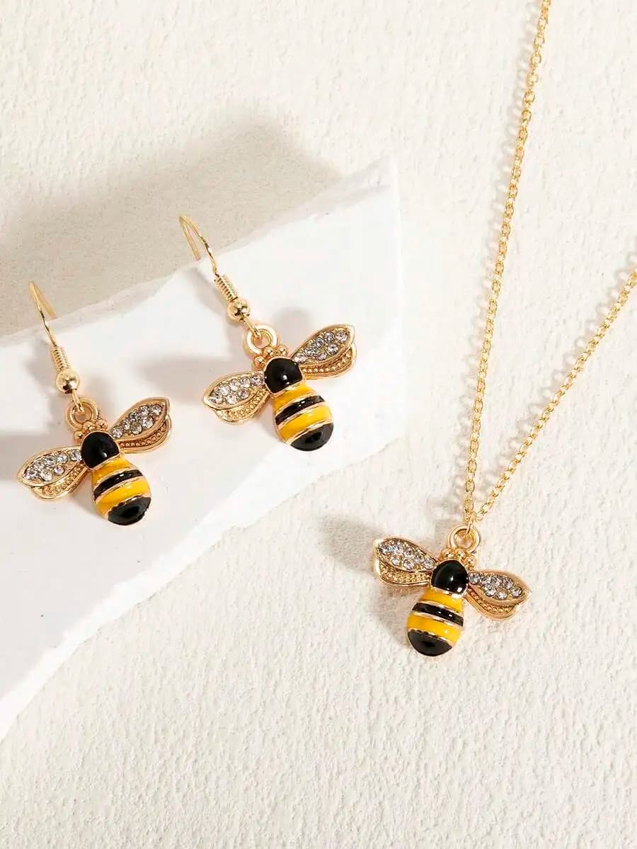 1pc Necklace + 1 Pair Earrings Fashion High-End Elegant Cute Personalized Rhinestone Faux Pearl Insects Colorful Pendant Multi-P