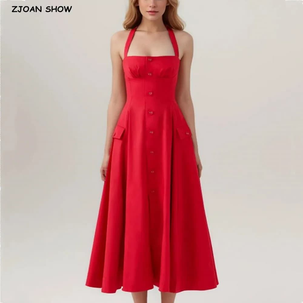 2025 Sexy Rosso Pulsante Aperto Arco Halter Sling Dress Donna Tasche Laterali Sottile Vita Bassa A-Foderato Swing Hem Slit Abiti Lunghi Robe