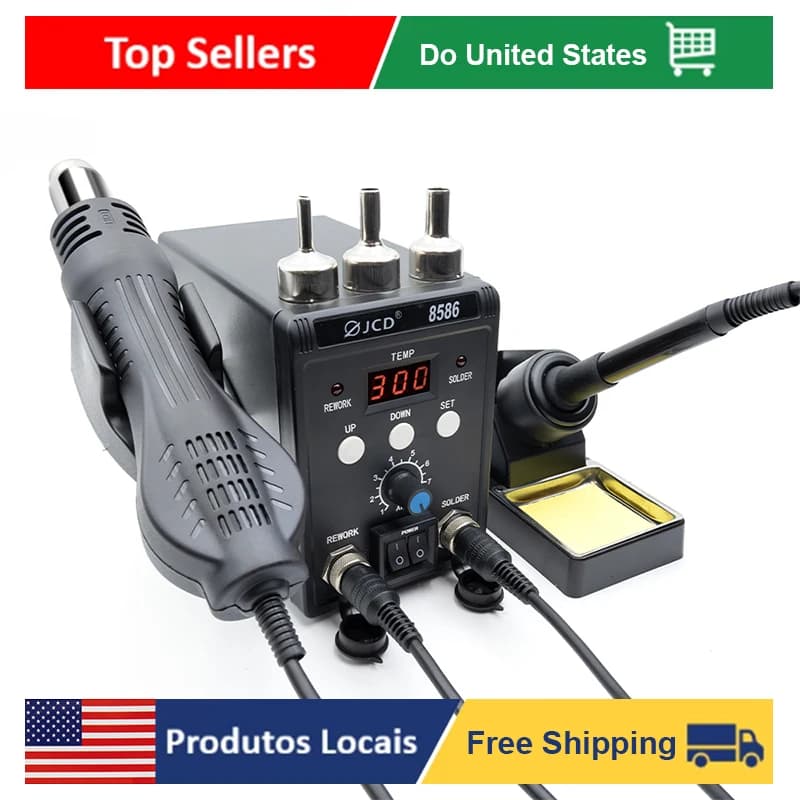 JCD 2-in-1 Soldering Station 8586 with Digital Display SMD Rework Hot Air Gun And Solder Iron ESD Safe 110V Welding Desoldering Repair Tool Set