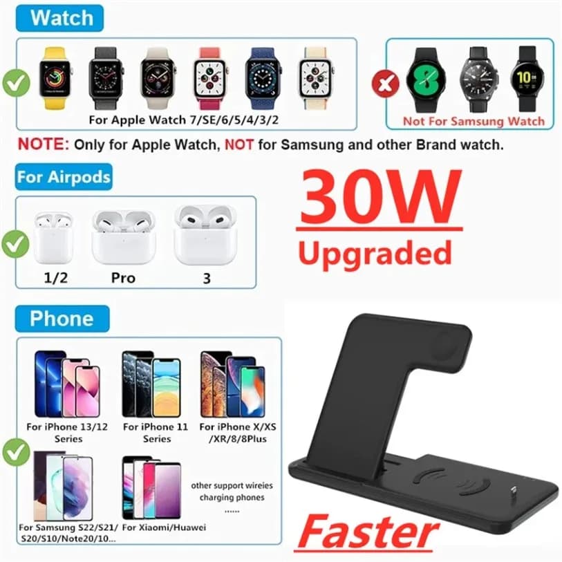 Supporto per caricabatterie wireless veloce da 30 W per iPhone 17 16 15 14 X 8 Apple Watch 8 7 Airpods 3 Pro iWatch Stazione di ricarica pieghevole 4 in 1