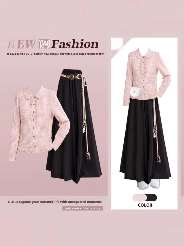 Completo coordinato primaverile da donna: Top a balze con colletto a bambola in gingham rosa e gonna lunga a vita alta a gamba larga
