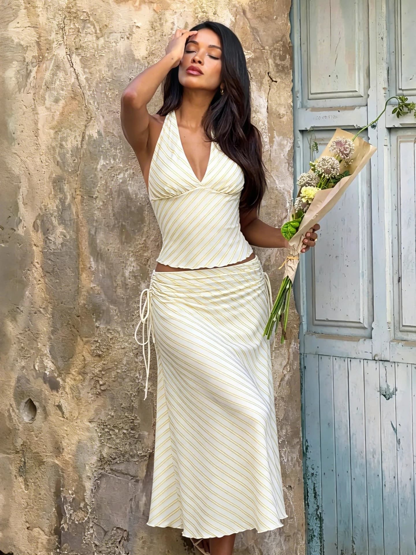 Hugcitar Striped Print 2 Piece Sets V Neck Backless Bandage Sexy Tank Top Shirring Maxi Skirt Women Outfits Beach Vacation