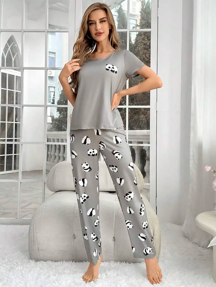 Womens Panda Cartoon Print Short Sleeve Pajama Set Long Pants