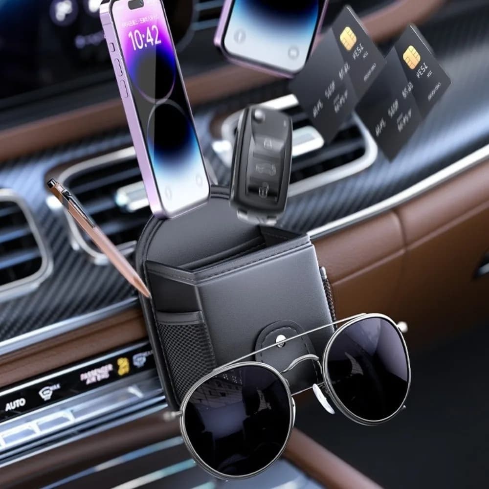 Borsa portaoggetti da appendere per auto con gancio, organizer multifunzionale in pelle, universale, antigraffio, per cruscotto e presa d'aria