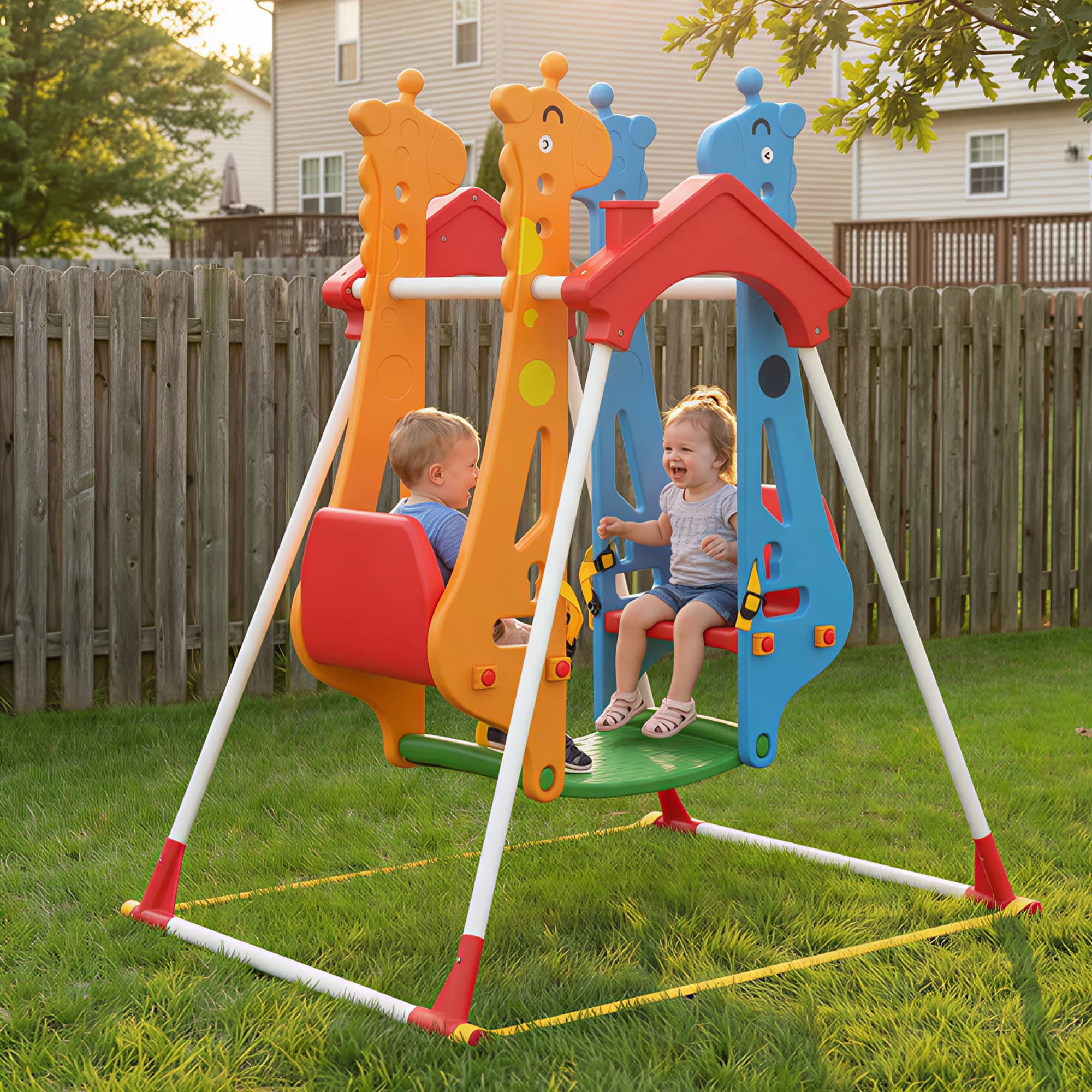 Face To Face baby swing, stable, A-shaped, 2-seat, for indoor and outdoor, with seat belts, giraffe design, for children of all ages.
