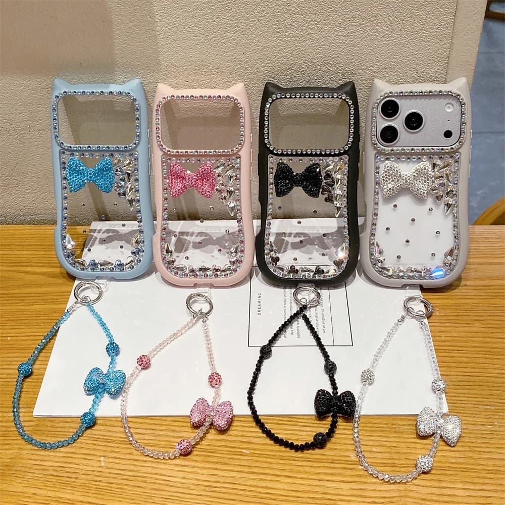Luxury Diamond Bow Phone Case for iPhone 17 Pro 15 plus 13 14 16 Pro Max Cover With Chain 3D Cat's Ears Clear Cute Fashion Cases