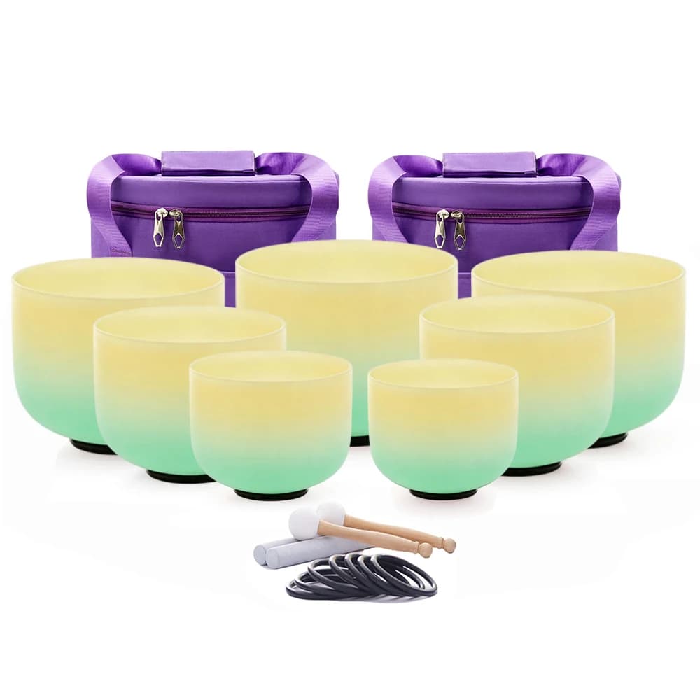 Hye-eun 7pcs Lemon&Green High Quality Crystal Singing Bowl Set Yoga Meditation Quartz Frosted Chakra Sound Bowl with Bags