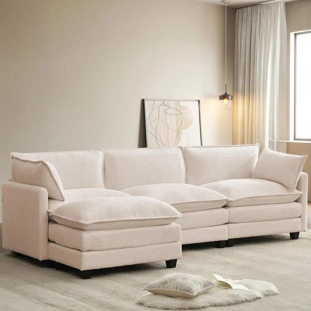 112'' ular Sectional Cloud Couch with Movable Ottoman, 4 Seat ern Chenille Soa with 2 Throw Pillows, Deep Seat L Shaped Couch or