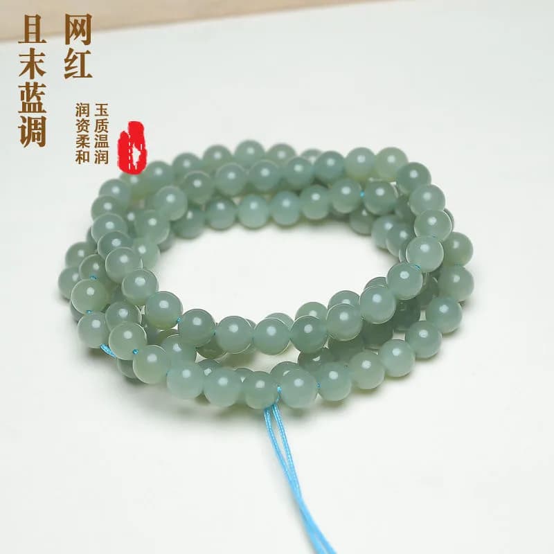 Hetian Jade 108 Chain Qie Mo Blue 8mm Round Old Style Beads Multi-circle Bracelet Necklace