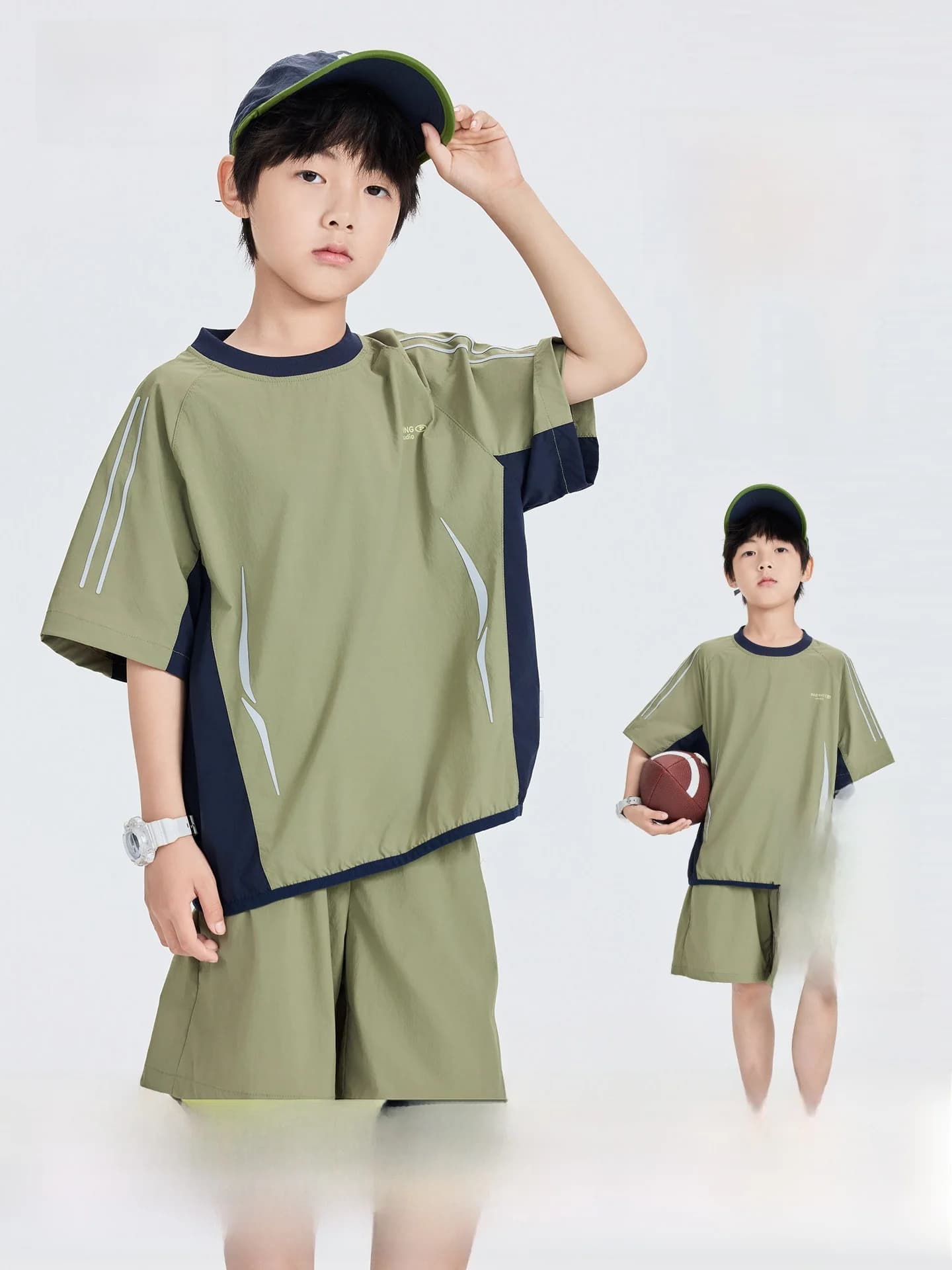 Boys Summer Outfit 2-Piece Set Big Kids Short Sleeve Shorts Functional Color Block Sports Wear Breathable Nylon Spandex