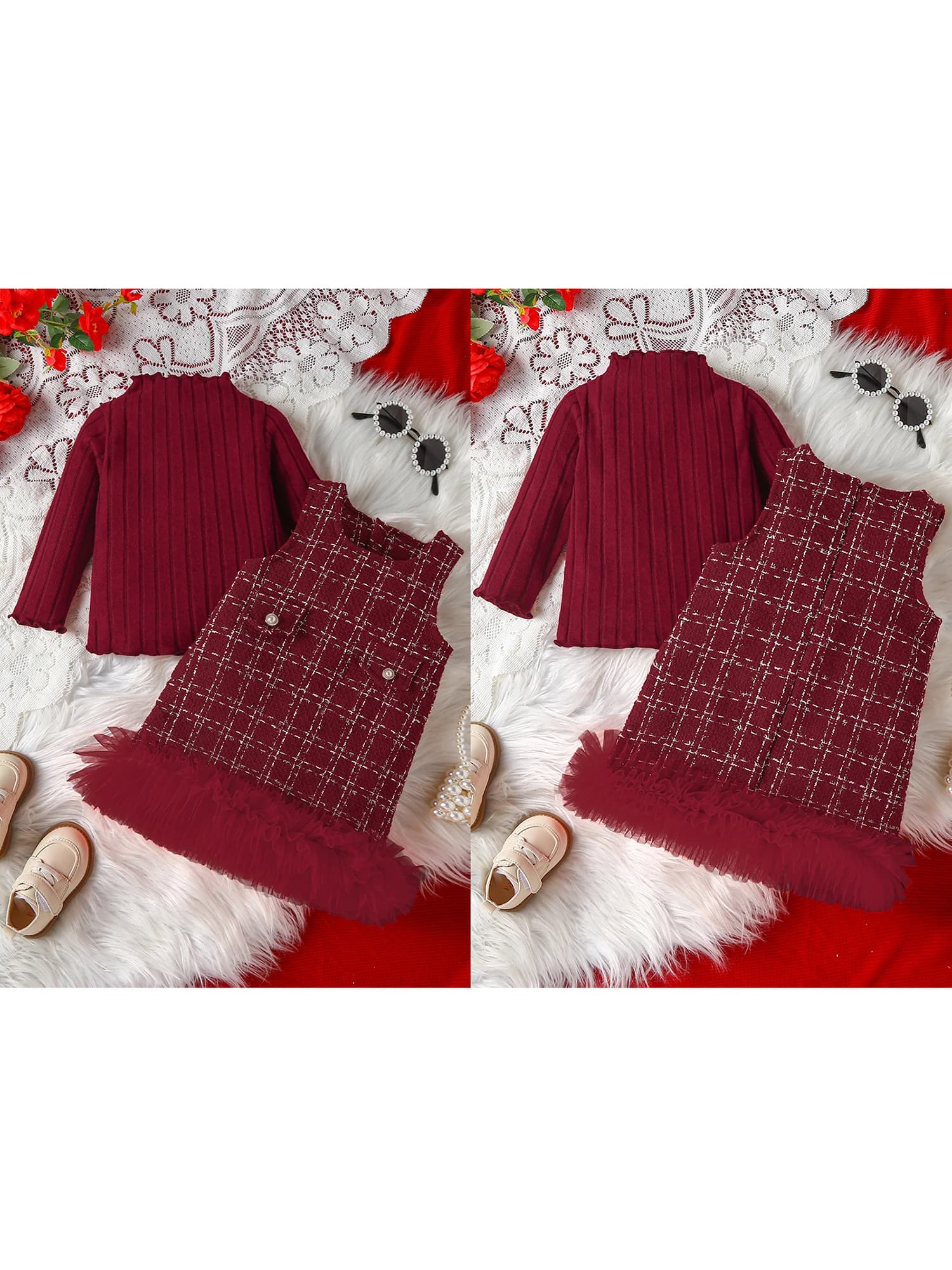 Completo invernale per bambina, accogliente maglione lavorato a maglia e gonna scozzese con finiture con pompon e fascia abbinata