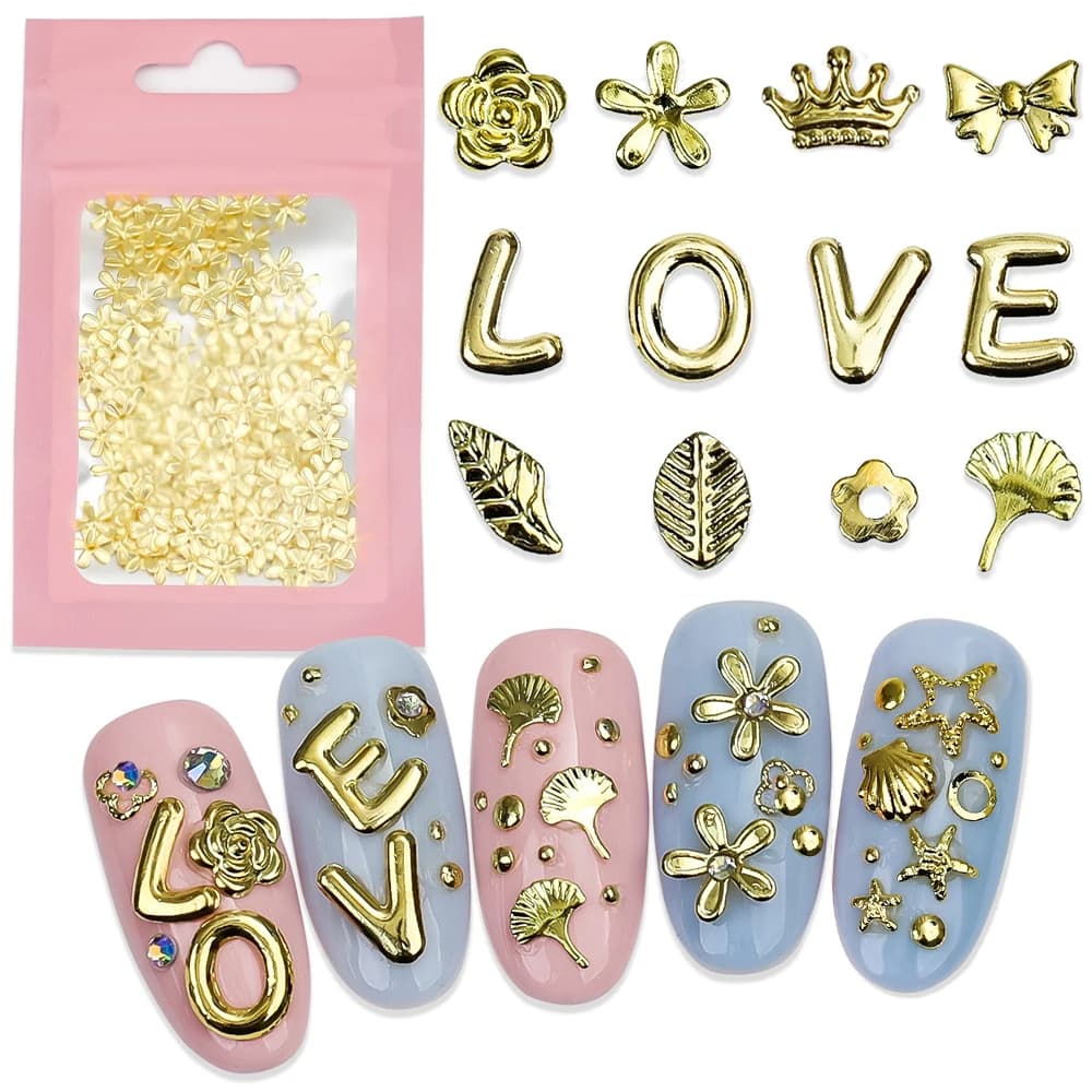 200PCS Gold Metal 3D Nail Art Studs Charms rivets LOVE English Letters Bow Flower Leaf for Manicure Nails Decoration Accessories